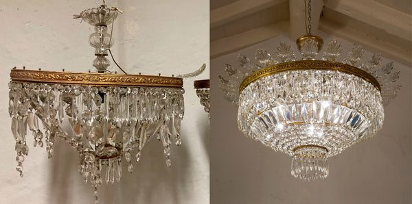 Plafoniera Stile Impero in cristallo di Boemia con foglie sopra di cristallo, foto prima e dopo il restauro-Lo Stile Italiano