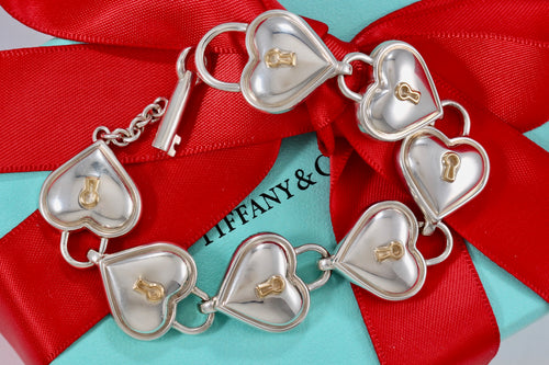 Tiffany & Co. 925 Silver 18k Rose Gold Keyhole Padlock Heart Charm