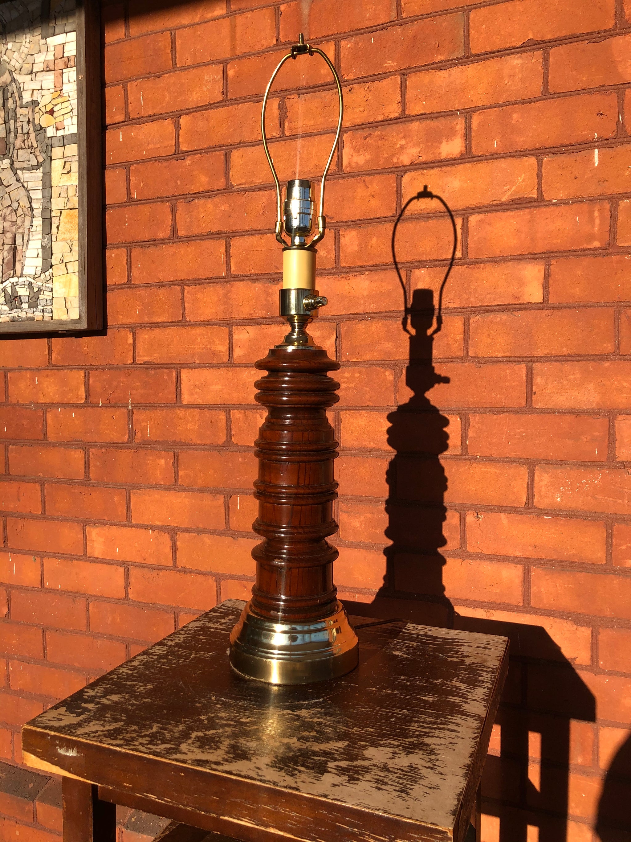 Brass and wood table lamp