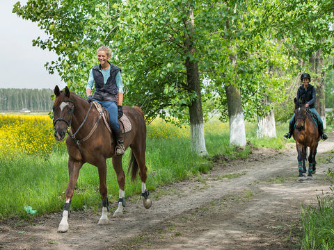 two woman riding horses through wooded trail