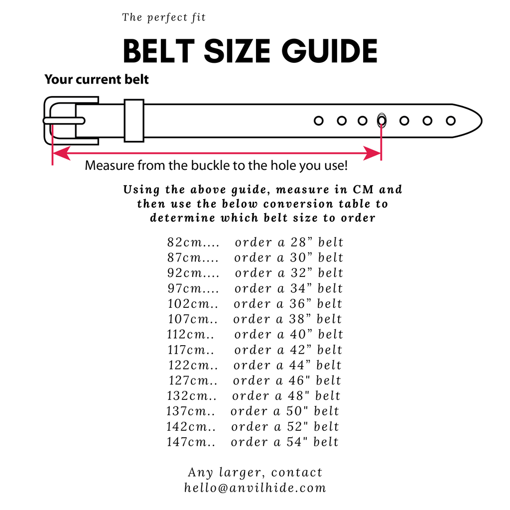 Anvil Hide belt size guide