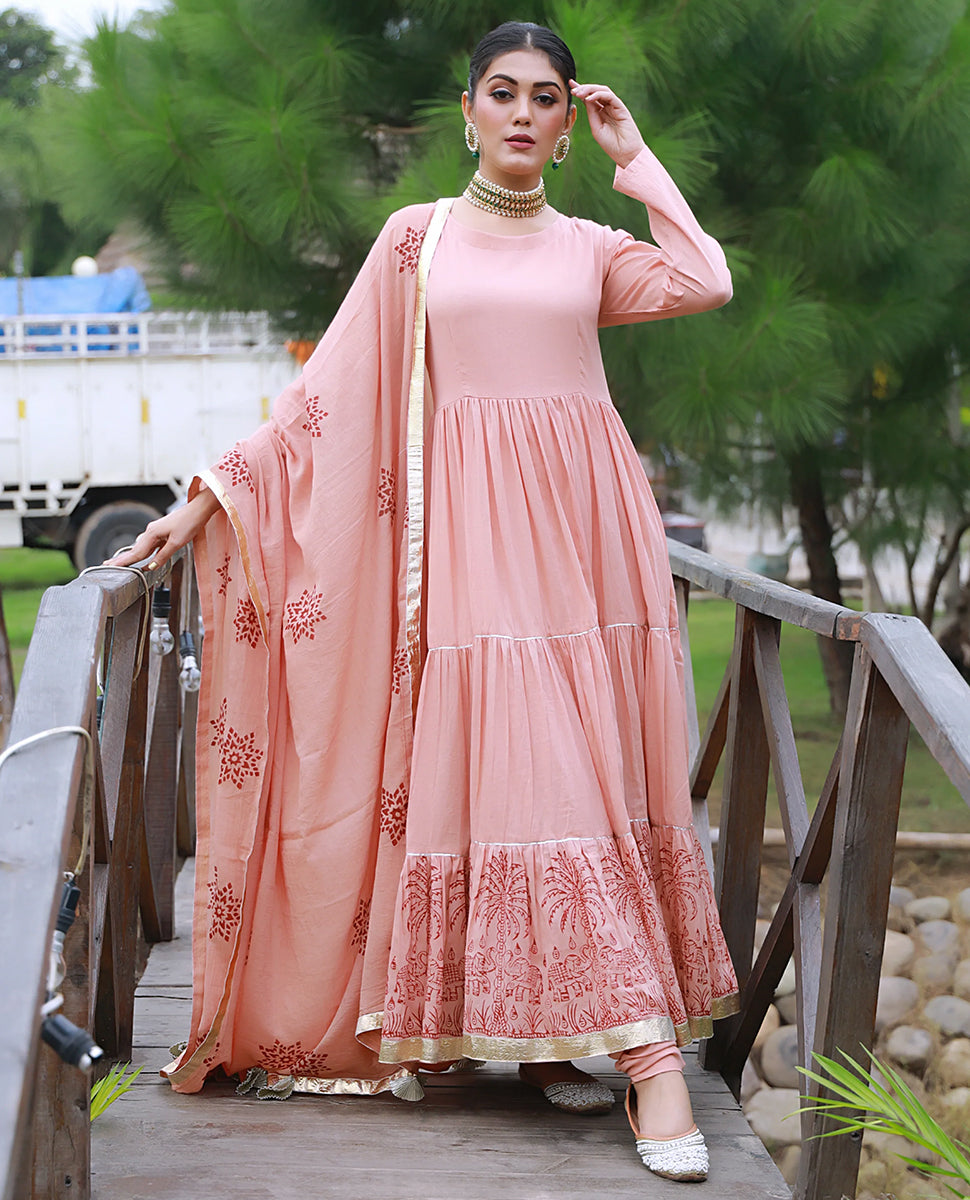 Bahaar Peach Hand-block Printed Anarkali Suit Set