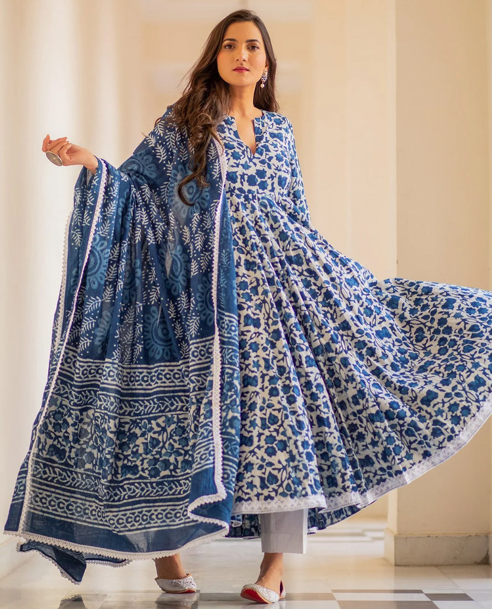 Indigo Dabu Print Cotton Dress Set