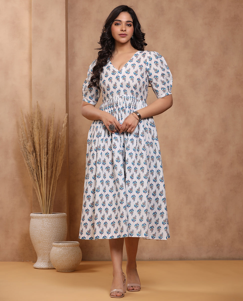 Buy White Pink Hand Block Printed Cotton Dress | IW965/MPRT3 | The loom
