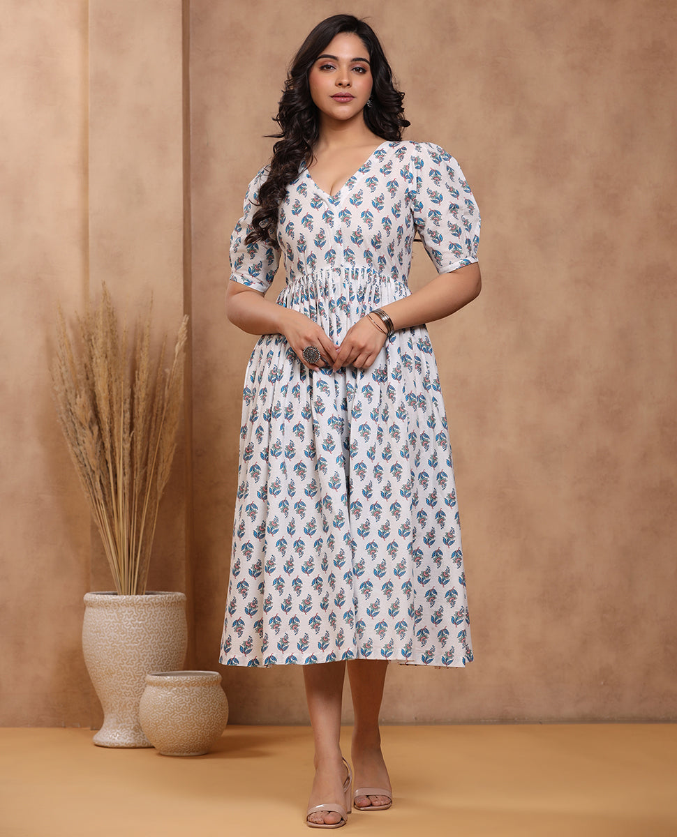 Sitara White Hand Block Printed Cotton Dress