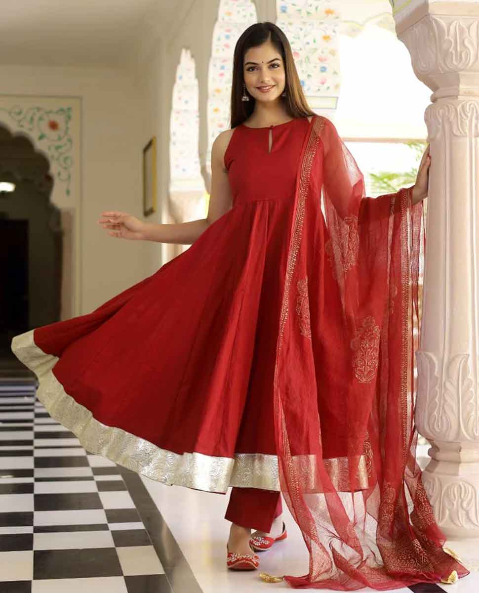 Crimson Red Gold Handblock Anarkali Set