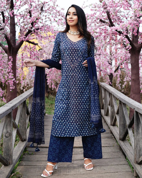 Blue Block Butti Print with Cotton Kurta Pant Set