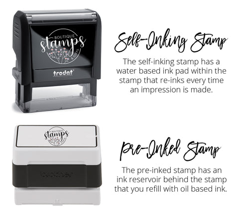 The self-inking stamp has a water based ink pad within the stamp that re-inks every time an impression is made. The pre-inked stamp has an ink reservoir behind the stamp that you refill with oil based ink.