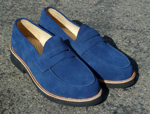 mens blue suede penny loafers