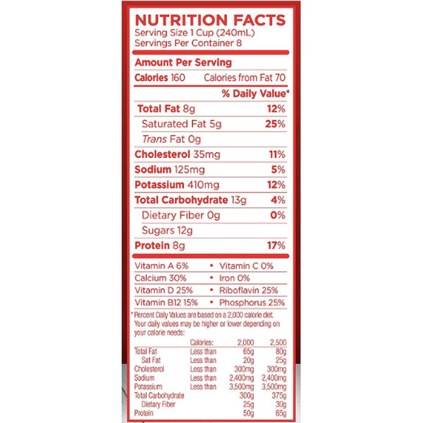 lactose free whole milk nutrition facts