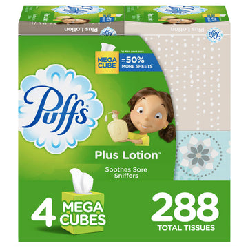 Puffs Plus Lotion Facial Tissues, 2-Ply, Mega Cube - 4 - 72 tissue boxes [288 total tissues]