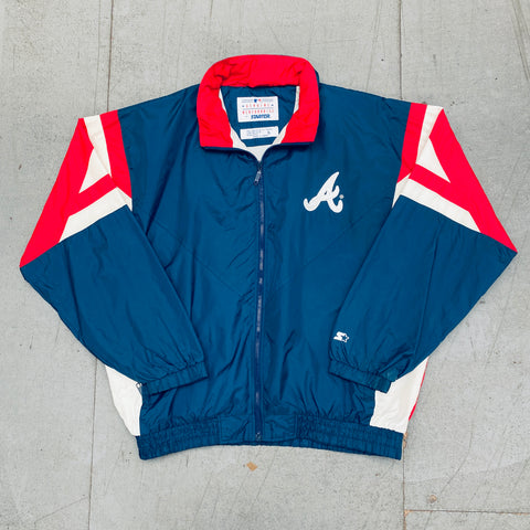 Vintage 90s Navy Starter Atlanta Braves 1/4 Zip Hooded Coat - X