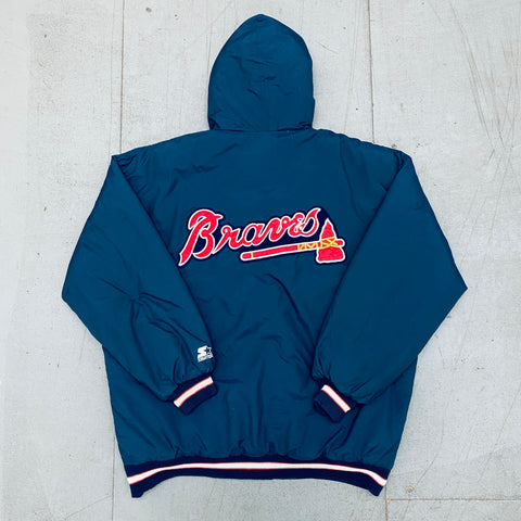 Vintage 90s Navy Starter Atlanta Braves 1/4 Zip Hooded Coat - X