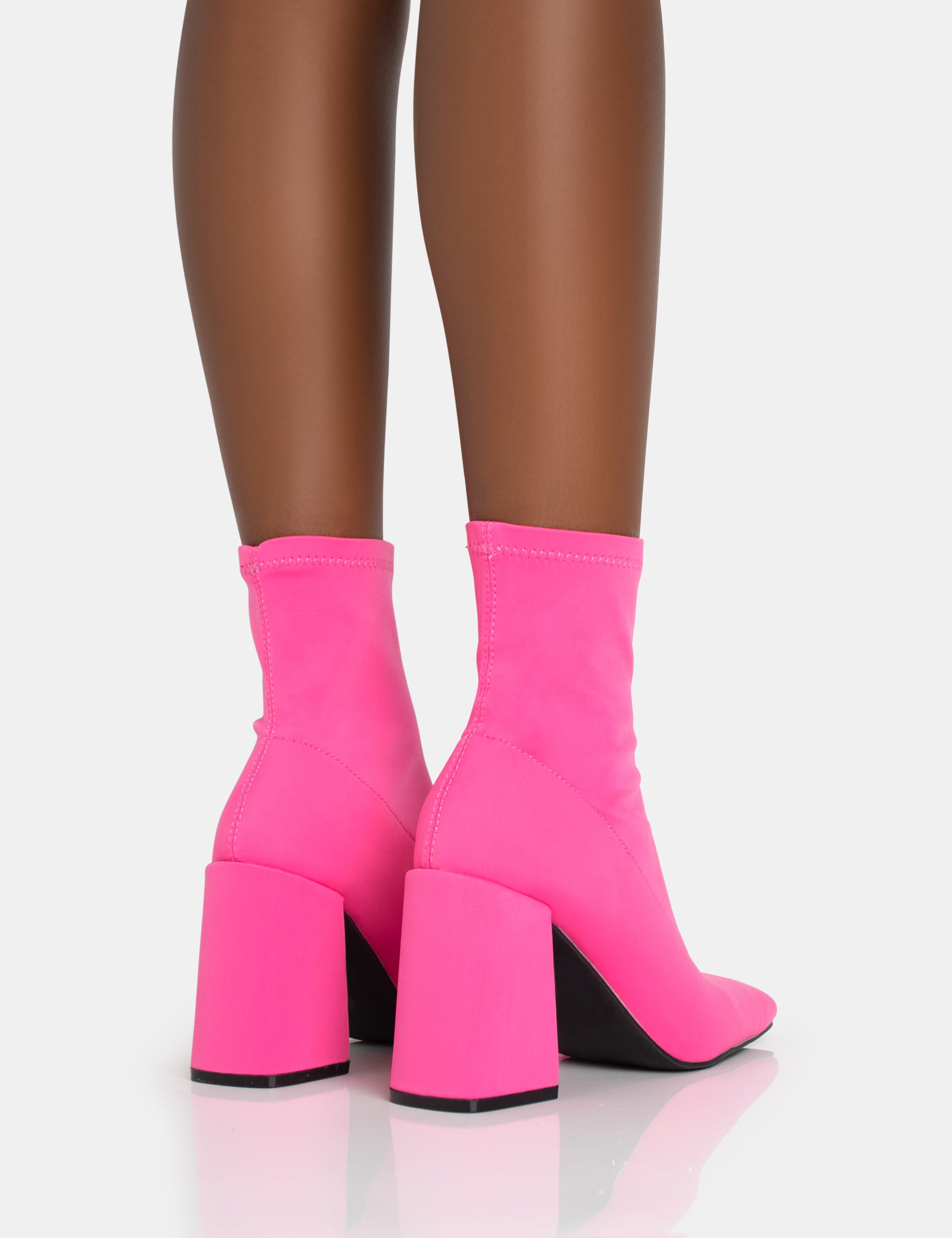 Delani Hot Pink Neoprene Zip Up Rounded Pointed Block Heel Ankle Boots