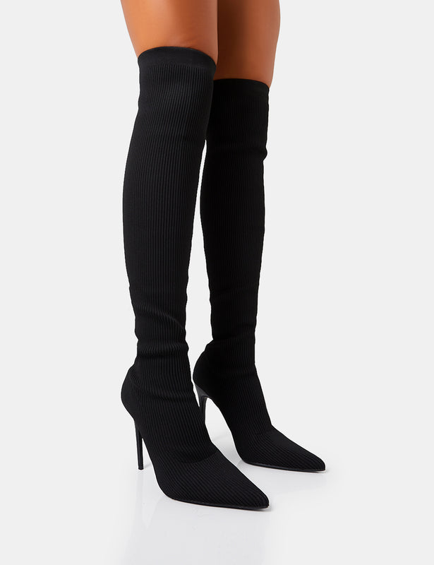 Black Suede Tie Back Chunky Heel Thigh High Boots | Thigh high chunky heel  boots, Heels, Fashion boots