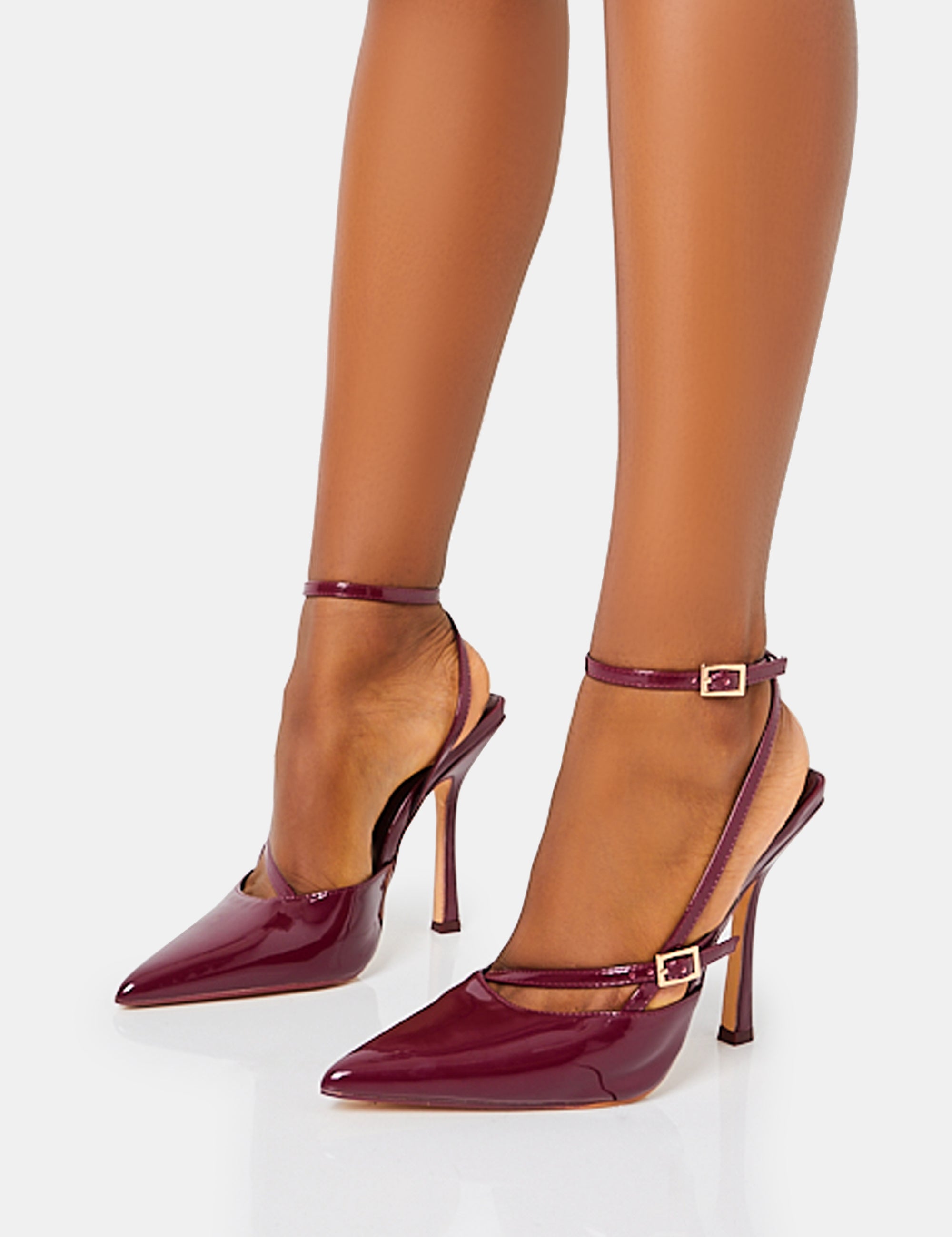 Idol Burgundy Patent Buckle Strappy Detail Stiletto Court High Heels