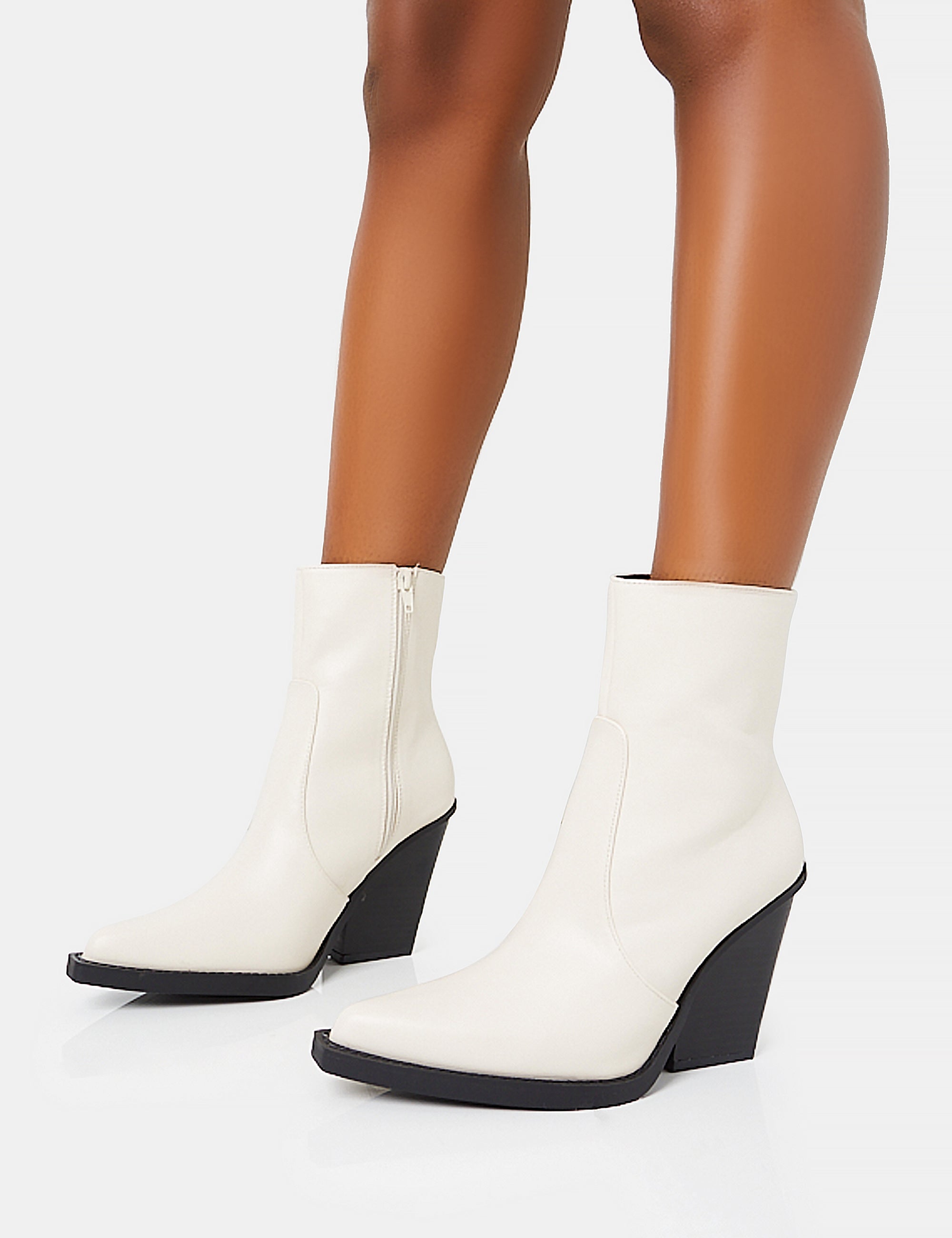 Jessie Wide Fit White Pu Western Pointed Toe Block Heeled Ankle Boots