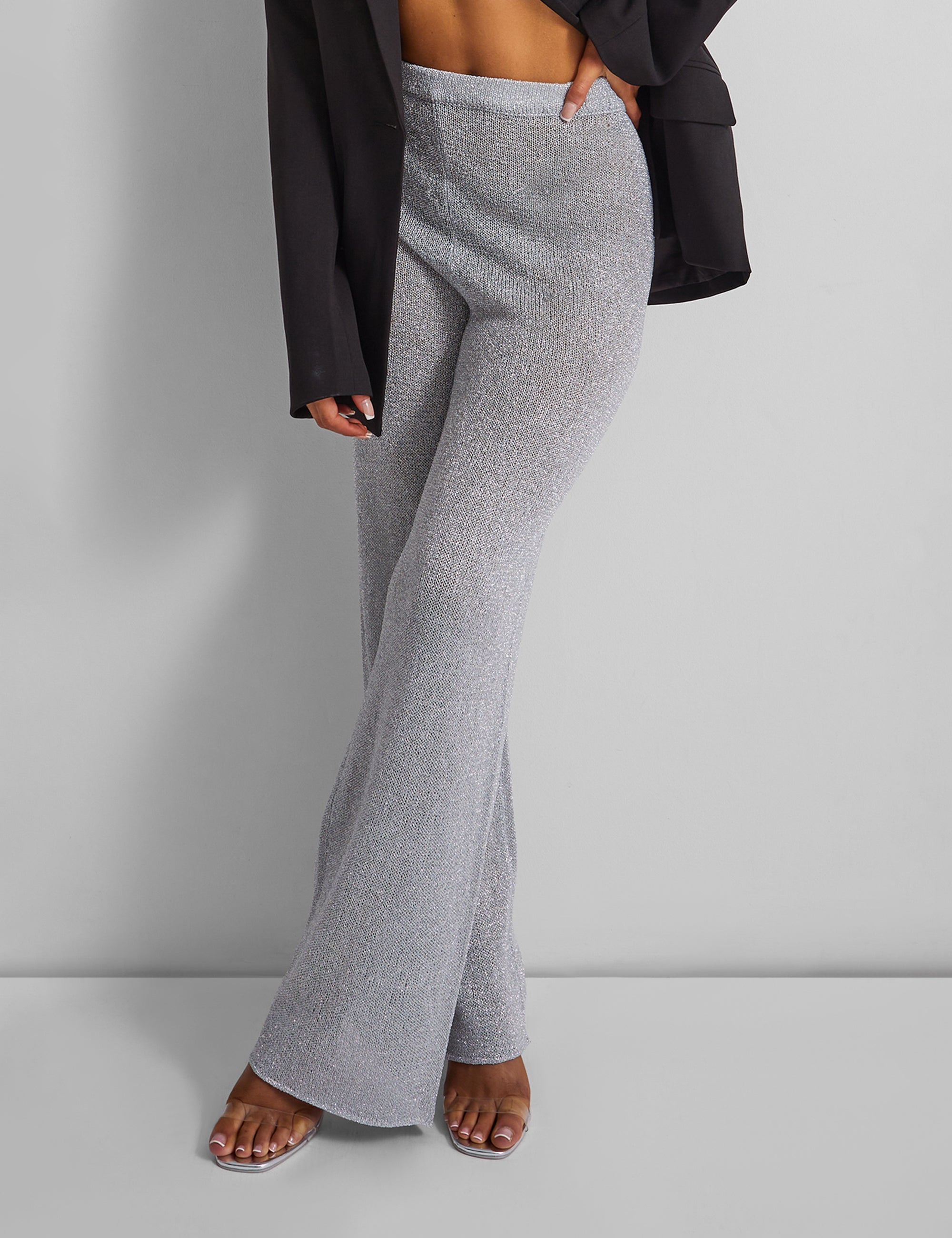 Kaiia Knitted Metallic Flared Trousers Co-ord in Silver