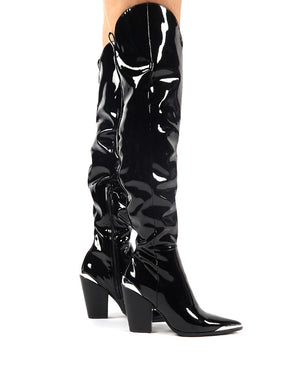 black patent block heel boots