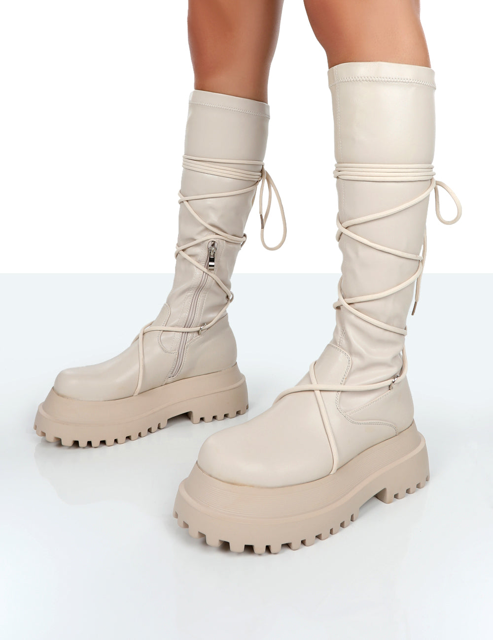 Hype Ecru Pu Lace up Chunky Sole Knee High Boots