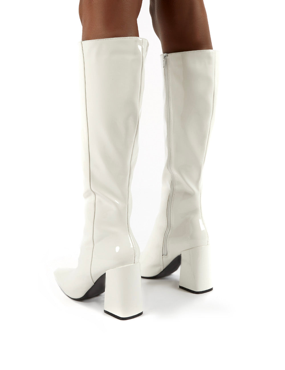 Apology White Patent Knee High Block Heel Boots