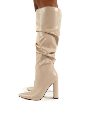 Yours Taupe PU Patent Heeled Knee High 