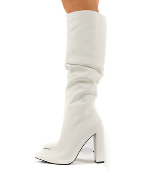 Yours White PU Heeled Knee High Boots 