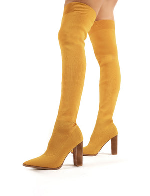 mustard over the knee boots