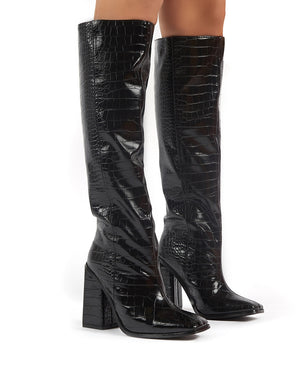 Zina Black Croc Square Toe Block Heeled Knee High Boots | Public Desire