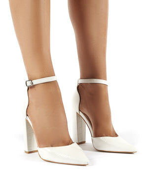 white pointed block heels