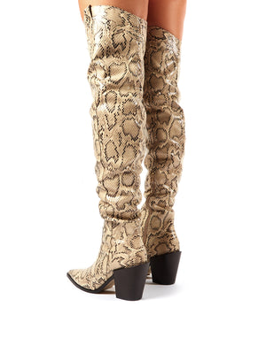 snakeskin over the knee boots block heel