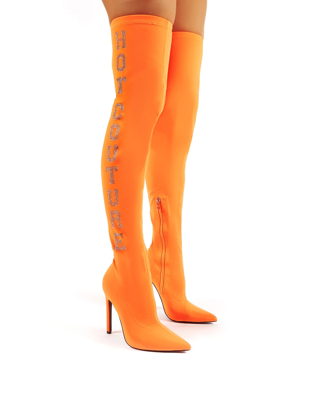 Authority Neon Orange Diamante Slogan Heeled Over the Knee Boots