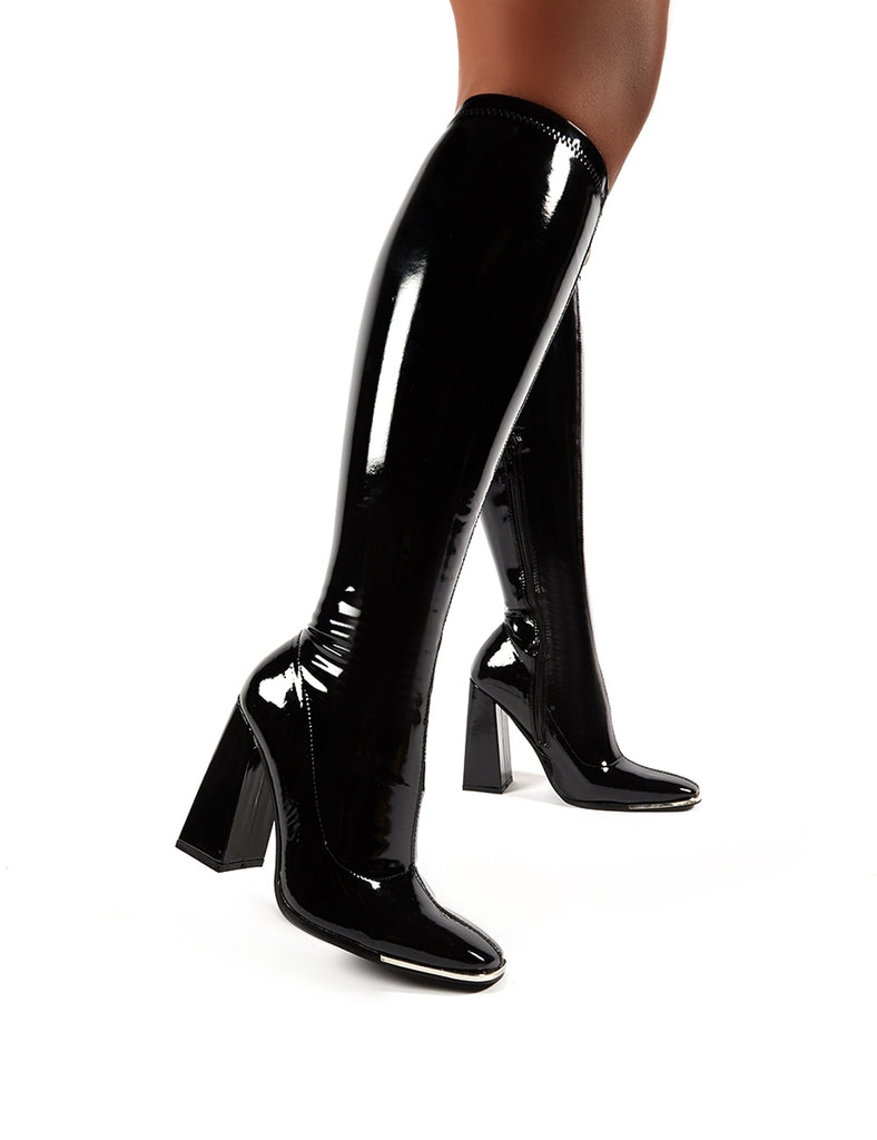 Caryn Black Vinyl Block Heeled Knee High Boots | Public Desire