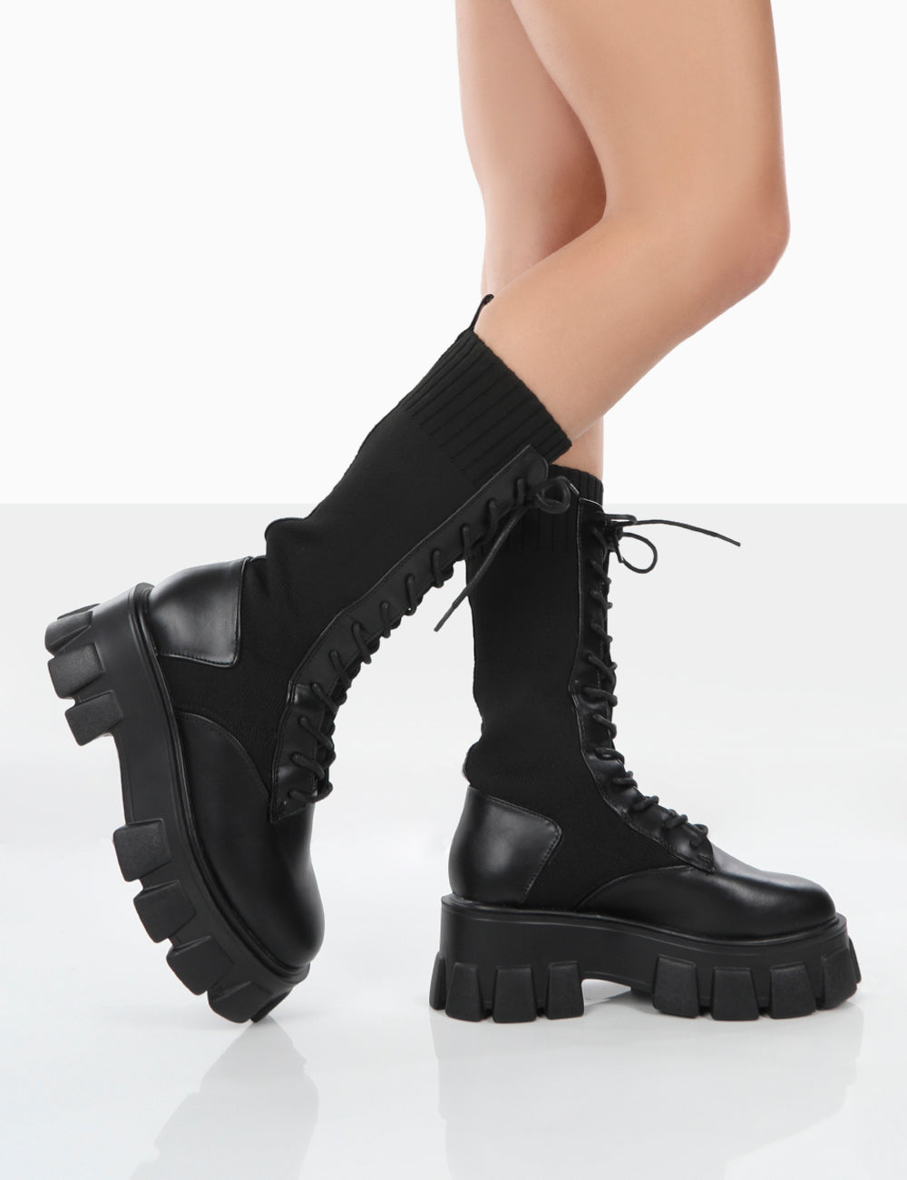 Hudson Black PU Lace Up Chunky Knee High Boots