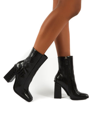 black croc heeled boots
