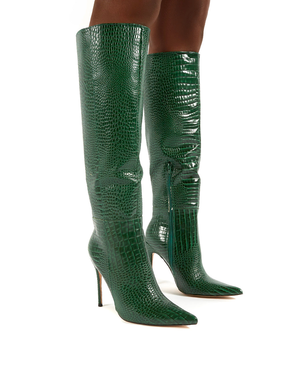 Aimi Green Croc Knee High Stiletto Heel Boots