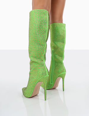 Lexi Green Diamantes Pointed Toe Stiletto Knee High Boots