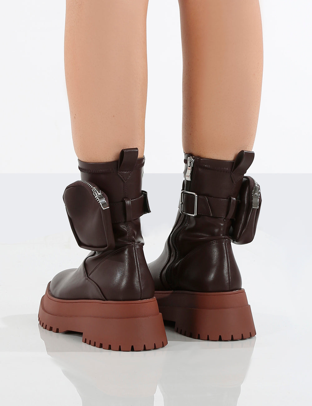 Amber x Public Desire Thought Chocolate PU Tan Chunky Sole Ankle Boot