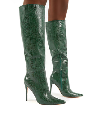 Aimi Green Croc Knee High Stiletto Heel 