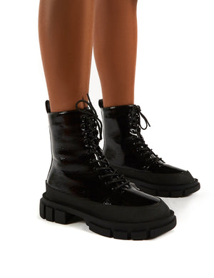 patent lace up chunky boots
