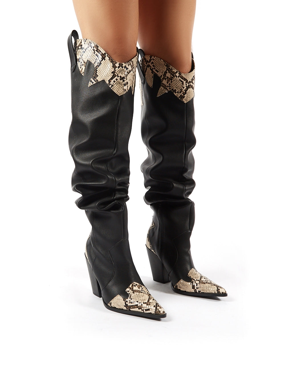 Brandy Black Western Block Heeled Knee High Boots