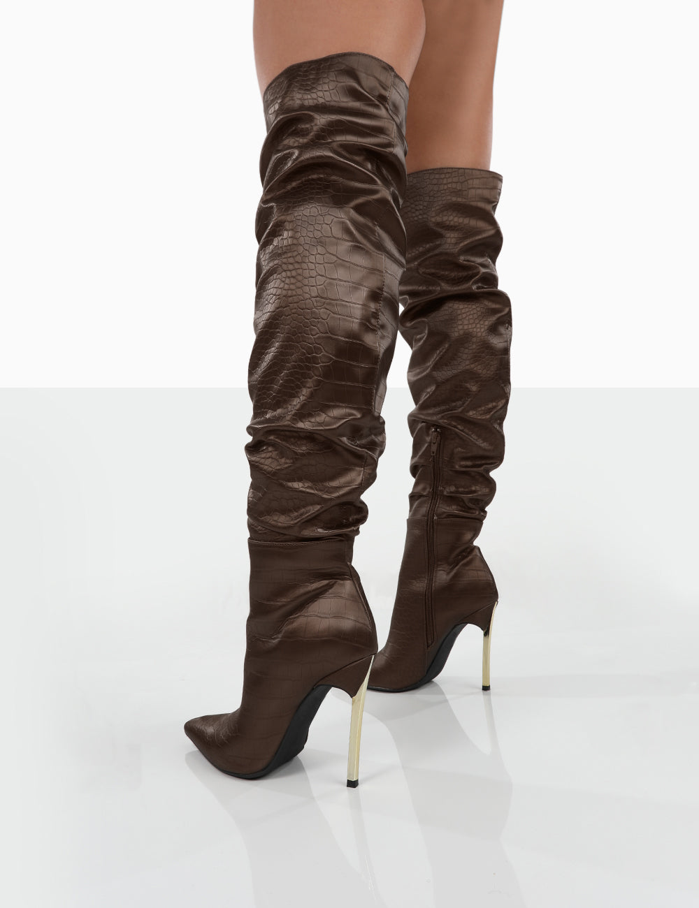 Energy Choc Croc PU Pointed Toe Stiletto Over The Knee Heeled Boots