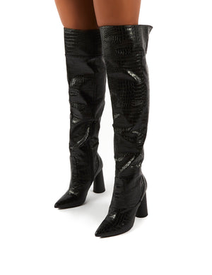 black croc over the knee boots