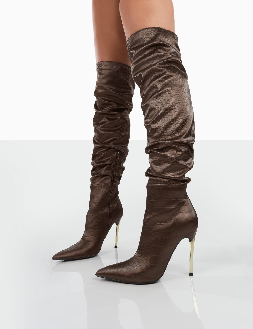 Energy Choc Croc PU Pointed Toe Stiletto Over The Knee Heeled Boots