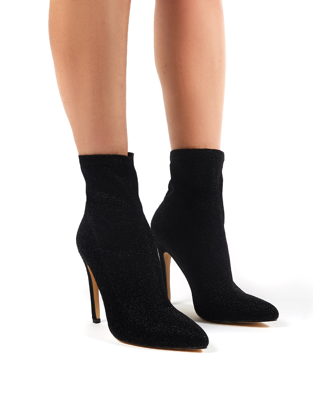 Glitz Black Glitter Sock Ankle Boot Heels