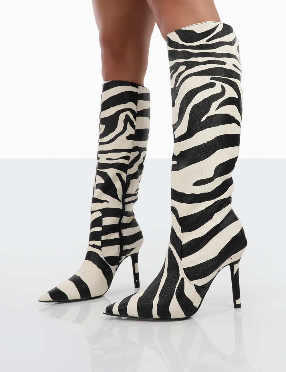 Best Believe Zebra PU Pointed Toe Heeled Knee High Boots