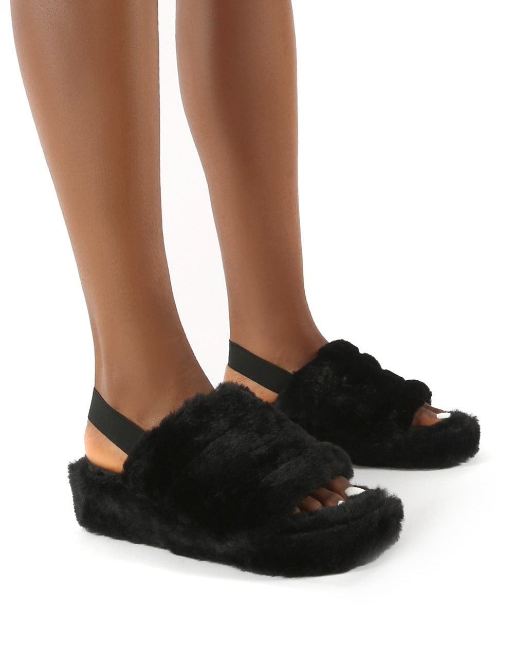 Dreams Black Strap Back Faux Fur Fluffy Slippers