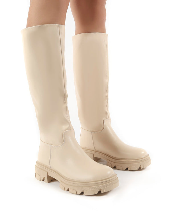 cream calf length boots