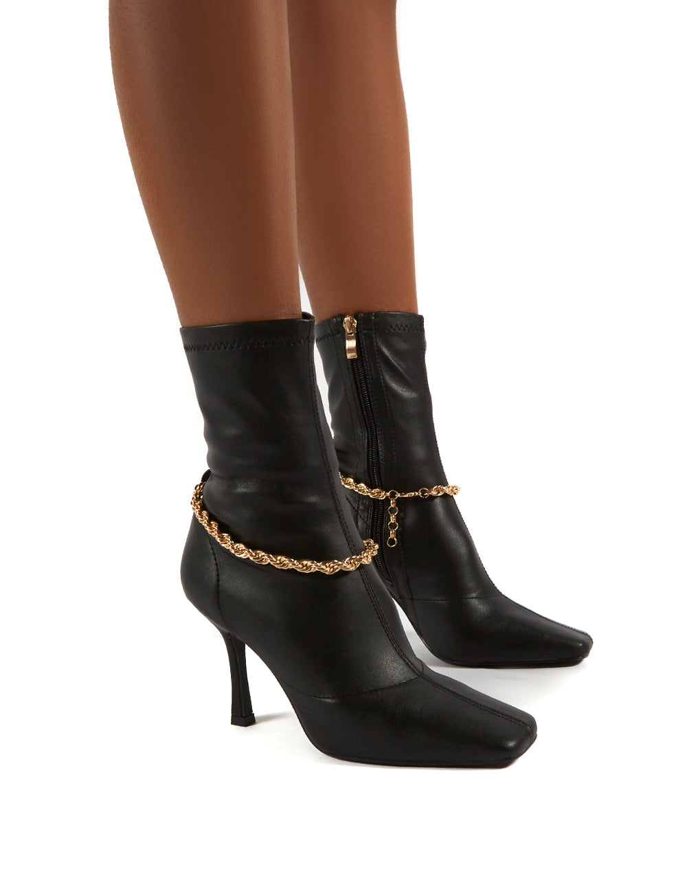 Sacci  Wide Fit Chain Detail Square Toe Stiletto Heel Ankle Boots, Black