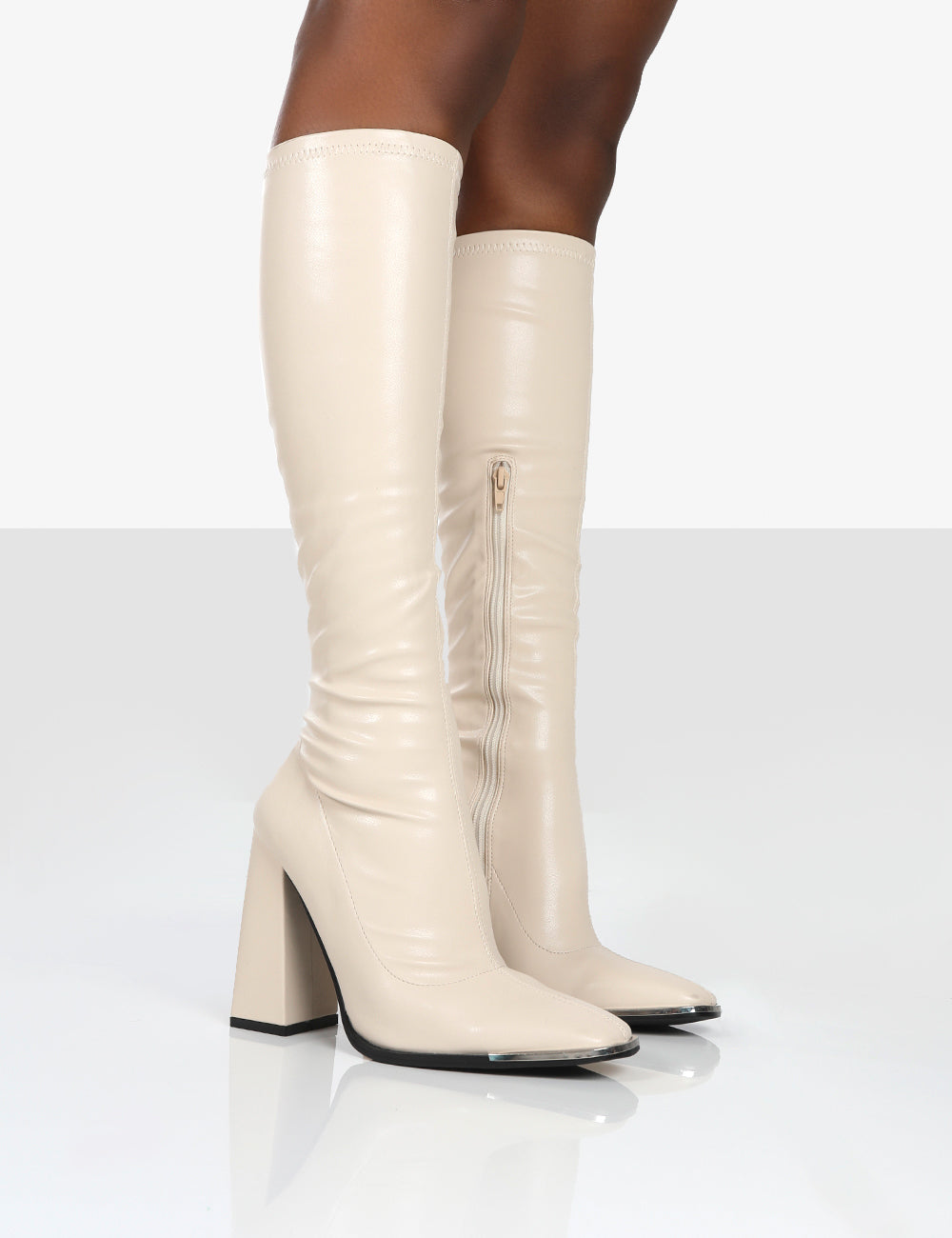 Caryn Stone PU Knee High Block Heeled Boots